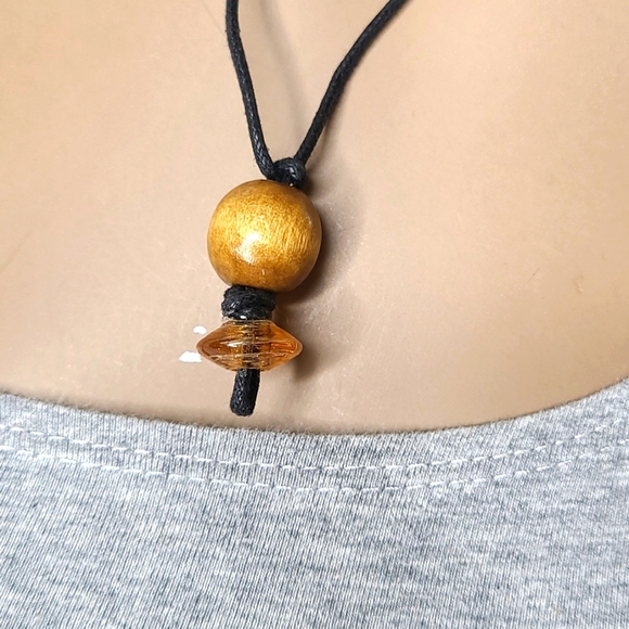Men's Pendant Necklace Black Cord Brown Wood Glass Handmade Unique Unisex Gift - Picture 2 of 4